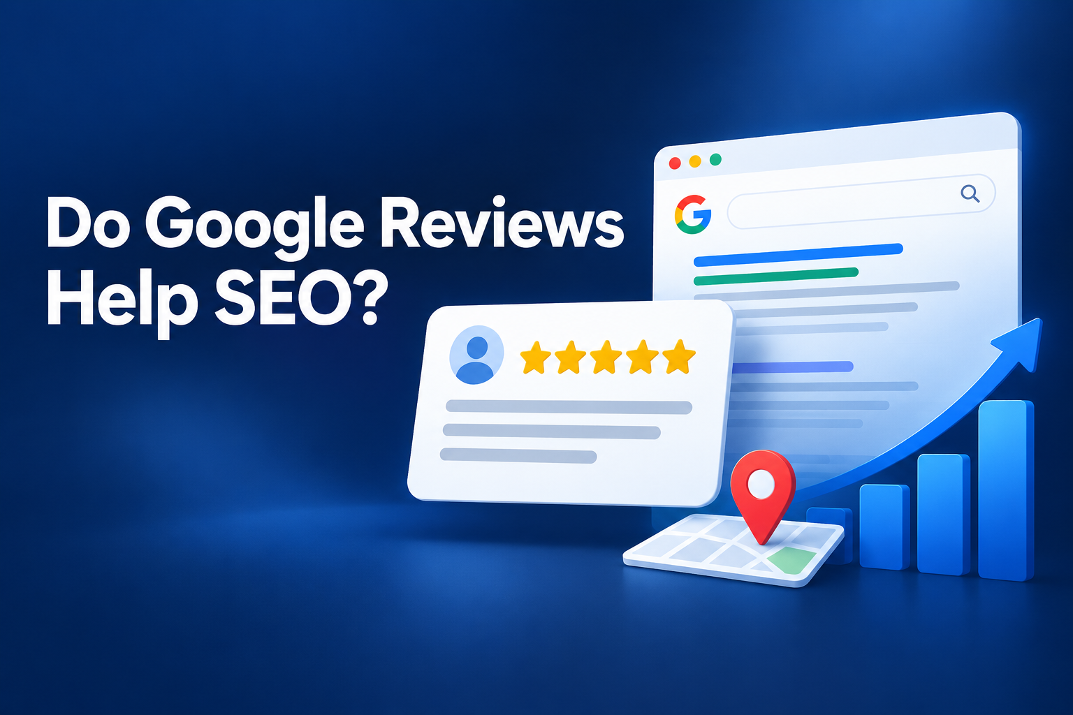 Google review stars beside search results and an upward chart illustrating local SEO growth
